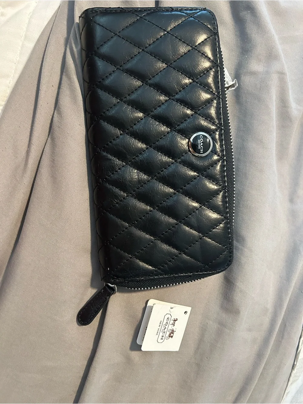 Coach Black Quilted Leather Zip Wallet with Logo Badge